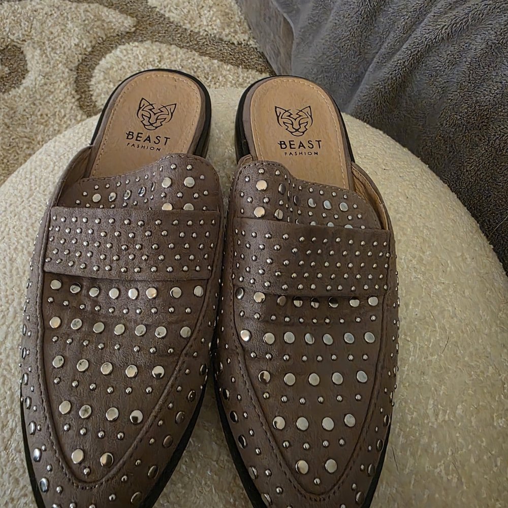 BEAST FASHION Women's Brown Studded Mules. Size 7 But Fits Like 6.5